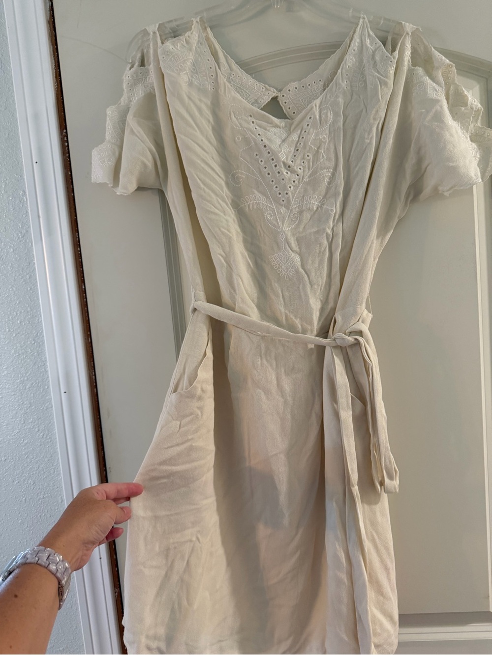 Esley Cream Eyelet Tie-Waist Midi Dress